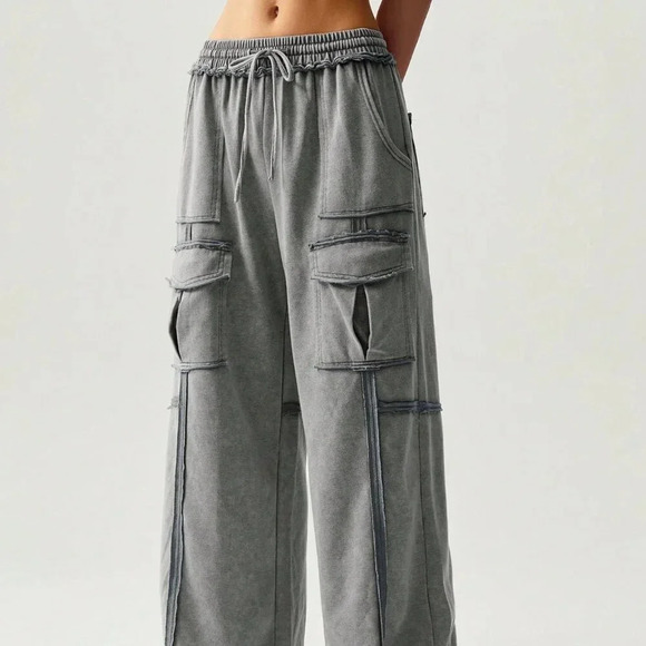 Dark Grey Casual Women's Vacation Knitted Pleated Pocket Palazzo Pants - Picture 2 of 7